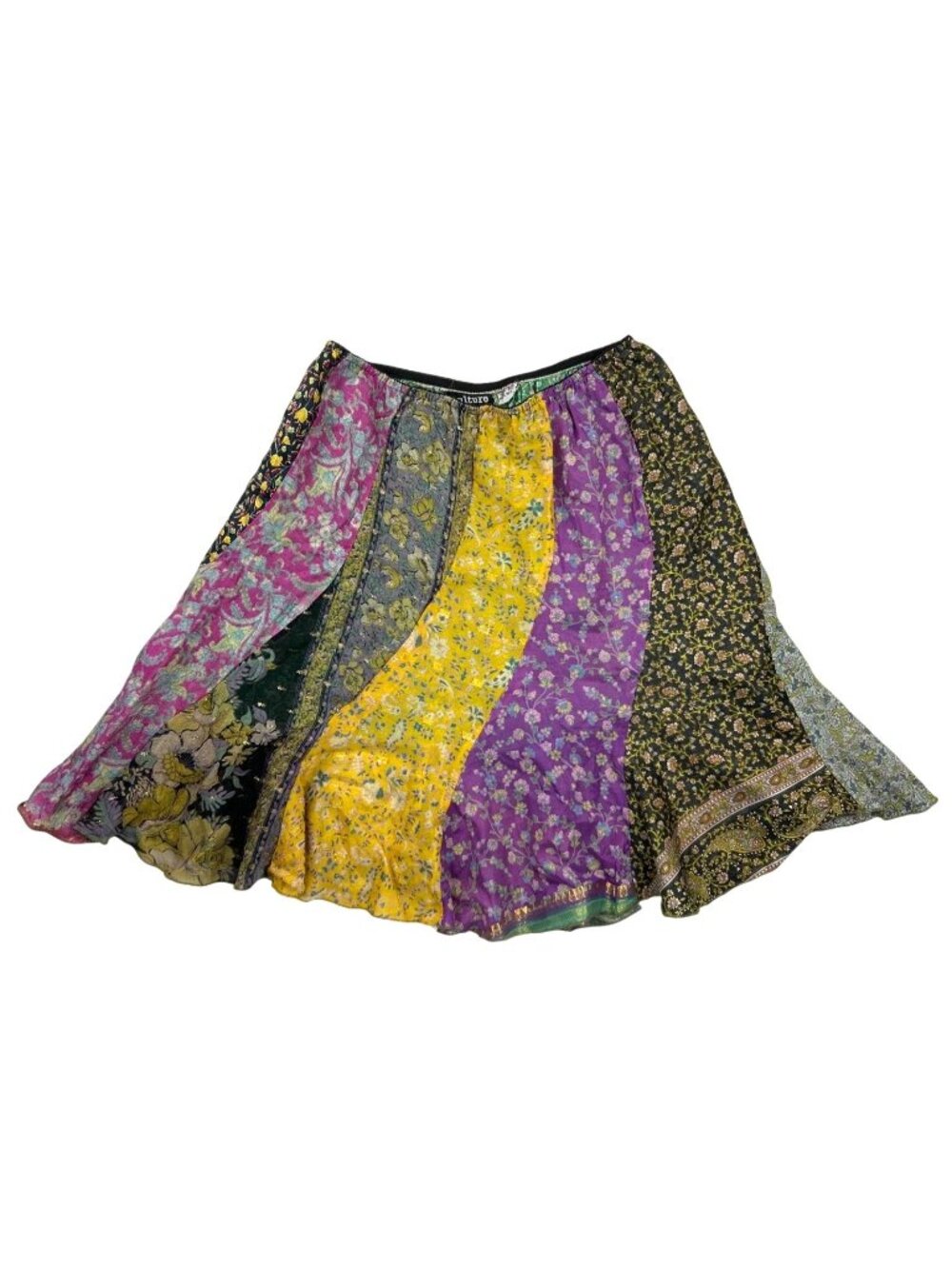 Culture Shop 100% Silk Boho Patchwork Skirt Multicolor Hippie Elastic Waist Flow